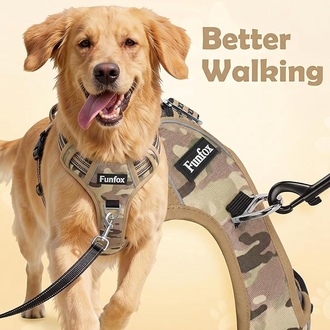 Funfox Dog Harness No Pull, Adjustable Pet Vest Harness, Super Soft Material with Vertical Handle Easy Control, Reflective Night Walking, 2 Leash Clips for Small Sized Dogs, Camo Brown, S