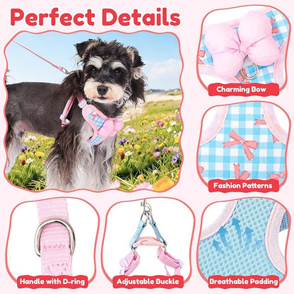 Coppthinktu Dog Harness for Small Sized Dogs, Puppy Cat Harness with Leash Set No Pull Dog Harness Adjustable Reflective Step-in Pet Vest Harnesses with Cute Bow Soft Padded Outdoor Walking