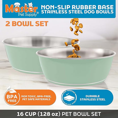 Master Pet Supply Stainless Steel Dog Bowls Set of 2 (128 Oz Each) with Non-Slip Rubber Base - Pistachio - Basic Dog Food Bowl Water & Food Bowls for Small Medium Large Dogs & Cats, Metal Dish