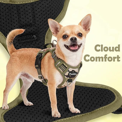 Funfox Dog Harness No Pull, Adjustable Pet Vest Harness, Super Soft Material with Vertical Handle Easy Control, Reflective Night Walking, 2 Leash Clips for Large Dogs, Camo Green, L
