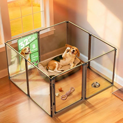 FXW AuraSpace Pro Acrylic Indoor Dog Playpen, Heavy-Duty with Metal Frame, 32" Height 8 Panels for Small and Medium Dogs, Walnut│Patented