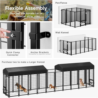 Dog Kennel Outdoor, Large Outside Dog Kennel with Roof & Swivel Feeders/Removable Doggy Door Allow Connecting Your Dog House, Heavy Duty Dog Run Pen for Medium/Large Dogs (8'L x 4'W x 6'H)