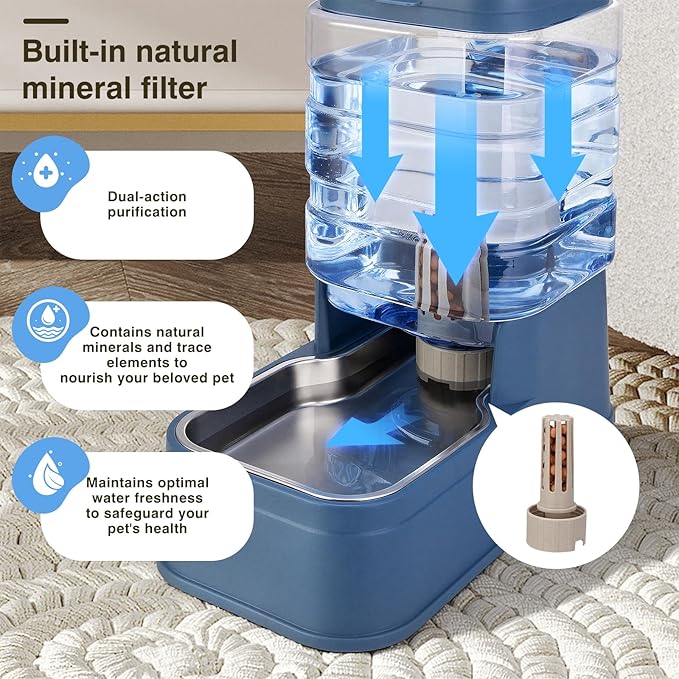 2 Pack Automatic Cat Feeder and Water Dispenser 1.3Gallon Dog Gravity Food Feeder and Water with Ice Pack Stainless Steel Dry Food and Waterer Bowl for Small Medium Large Pets (Blue)