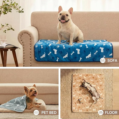 Luciphia 1 Pack 3 Dog Printed Fleece Pet Blankets Washable，Soft Warm Throw Covers for Crate Couch Bed，Cozy Puppy Essentials for Dogs and Cats， Blue/Grey/Khaki, Medium (30x20)