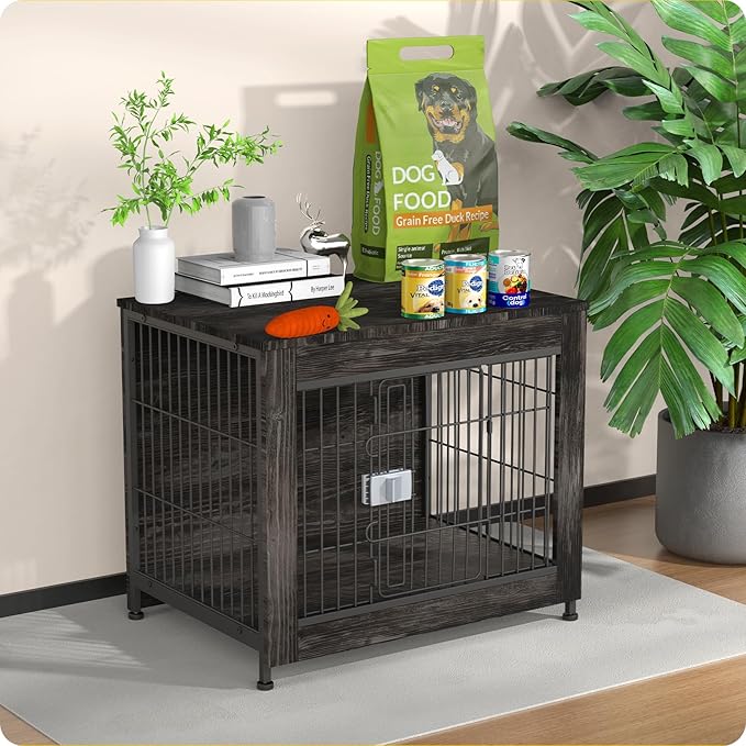 Dog Crate Furniture, Wooden Dog Crate 27in, Decorative Cage with End Table for Dog Indoor Kennel, High Anxiety Dog, Escape-Proof Locks for All Breeds