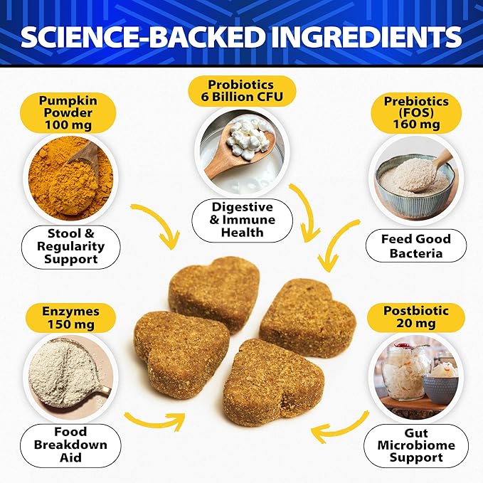 Dog Probiotics - 6 Billion CFU - Without Yeast - w/Prebiotics, Enzymes, Pumpkin - Advanced Probiotics for Dogs for Gut & Digestive Health, Seasonal Allergies & Itchy Skin, Yeast Balance - 120 Treats