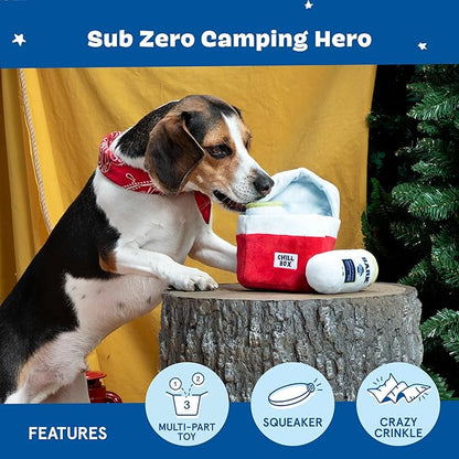 Barkbox 2 in 1 Interactive Plush Dog Toy - Rip and Reveal Toy for Dogs and Puppies - Stimulating Squeaky Pet Toys | Sub Zero Camping Hero (Small)
