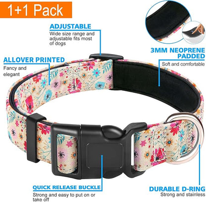 Ladoogo Reflective Dog Collar Padded with Soft Neoprene Breathable Adjustable Nylon Dog Collars for Small Medium Large Dogs (Large (Pack of 1), Vanila/Pink Floral Collar+Leash)