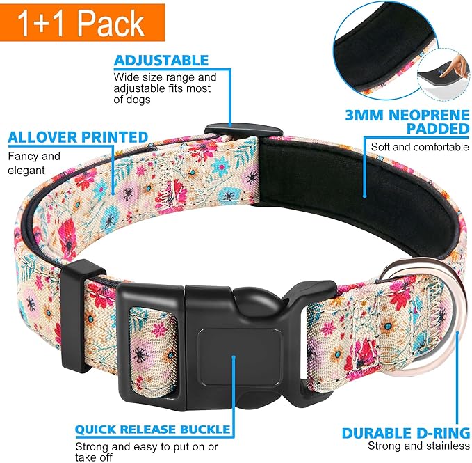 Ladoogo Reflective Dog Collar Padded with Soft Neoprene Breathable Adjustable Nylon Dog Collars for Small Medium Large Dogs (Small (Pack of 1), Vanila/Pink Floral Collar+Leash)
