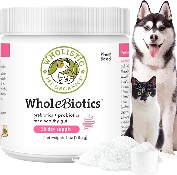 Wholistic Pet Organics WholeBiotics - Daily Dog Probiotics for Digestive Health Support & Immune Boost - 9 Strains - Prebiotics & Probiotics for Dogs & Cats - Gut Health for Dogs - 1 Oz - 28 Scoops