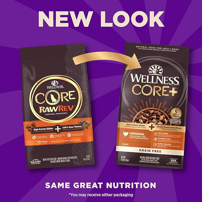 Wellness CORE+ Adult Dry Dog Food with Freeze Dried Pieces, Grain Free Kibble+, Natural, High Protein, Turkey and Chicken Recipe, 4 lb Bag