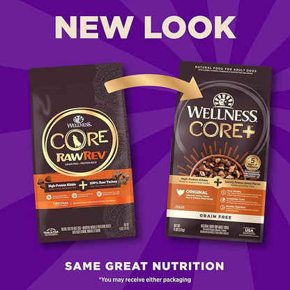 Wellness CORE+ Adult Dry Dog Food with Freeze Dried Pieces, Grain Free Kibble+, Natural, High Protein, Turkey and Chicken Recipe, 4 lb Bag