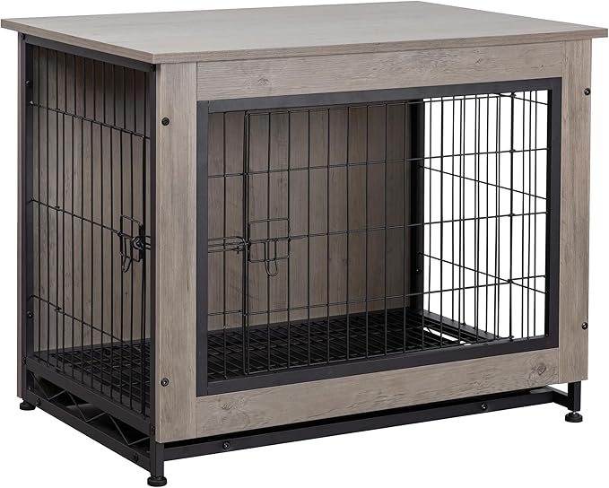 Shintenchi Wooden Dog Crate Furniture for Large Breed, L Double-Door Kennel Indoor with Removable Tray, End Table L Dog Crate for Decoration, 44.1" L, Gray