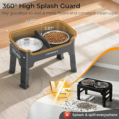 URPOWER Mess Proof Elevated Dog Bowls, High Wall Splash Guard Design, 4 Height Adjustable Raised Bowl Stand, 2 Stainless Steel Bowls, Non-Slip Food Water Set for Small Medium Large Dogs