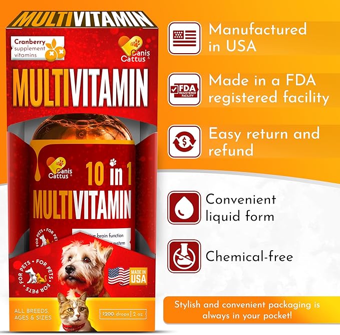 Liquid Cat & Dog Vitamins – Dog Antibiotics for All Pets – Bundle of 10 in 1 Cat & Dog Multivitamin + Antibiotic Supplement – Cough, Allergy, Sneezing, Joint Care – Vitamin C, D, B – Bottle Set x 2 oz