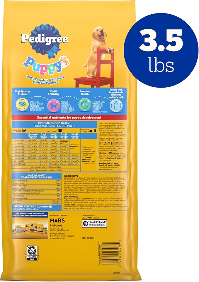 Pedigree Dry Puppy Food, Puppy Dry Food with Grilled Steak and Vegetable Flavor, 3.5 lb. Bag