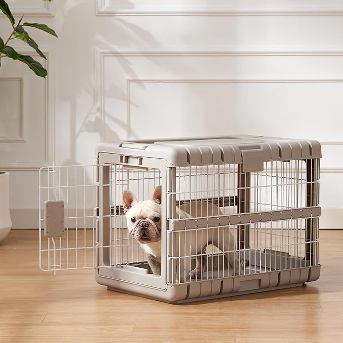 ZOMISIA Collapsible Dog Crate for Dogs - 28" L Heavy Duty Dog Kennel No Tools Required with 4 Sides Steel Foldable Cage for Dogs Indoor Furniture, Portable Carrier with 2 Smooth Wheels, Beige
