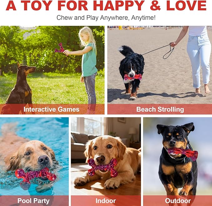Kseroo Indestructible Dog Toys for Aggressive Chewers 3-Pack: Beef Flavored Dog Chew Toys, Tough Dog Toys for Medium & Large Dogs (20-90lbs), Hard Heavy Duty Nylon Dog Bone Toys to Keep Them Busy, Red