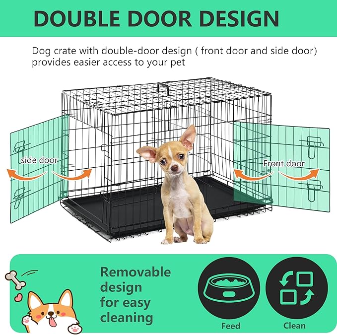 BestMassage Dog Crate Dog Kennel Cage with Double Door,24 inch Folding Metal Wire Dog Cage with Removable Tray&Divider Panel,Pet Crate for Small Dogs,Black