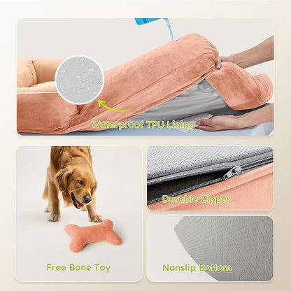 Dog Beds for Large Dogs, Orthopedic Dog Bed with Cooling Gel Memory Foam, Waterproof Large Pet Bed with Removable Washable Cover, 36" Pet Sofa Couch Dutch Velvet with Bone Toy, Peach Pink