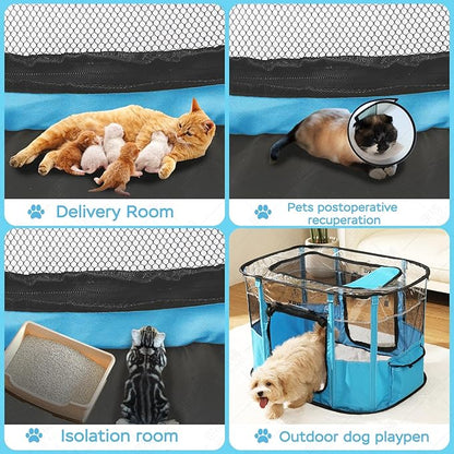 Portable Pet Playpen with Waterproof pad,Collapsible Crates Kennel Playpen for Dog cat and Rabbit &Travel playpen Outdoor or Indoor (Large（35.4" L x 27.6" W x 23.6" H）, Clear Blue)