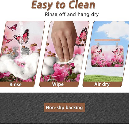 Rose Pink Dog Cat Food Mat,Butterfly Absorbent Pet Feeding Mat for Food and Water,Non-Slip Dog Bowl Mats Floor Protector 12"x20"