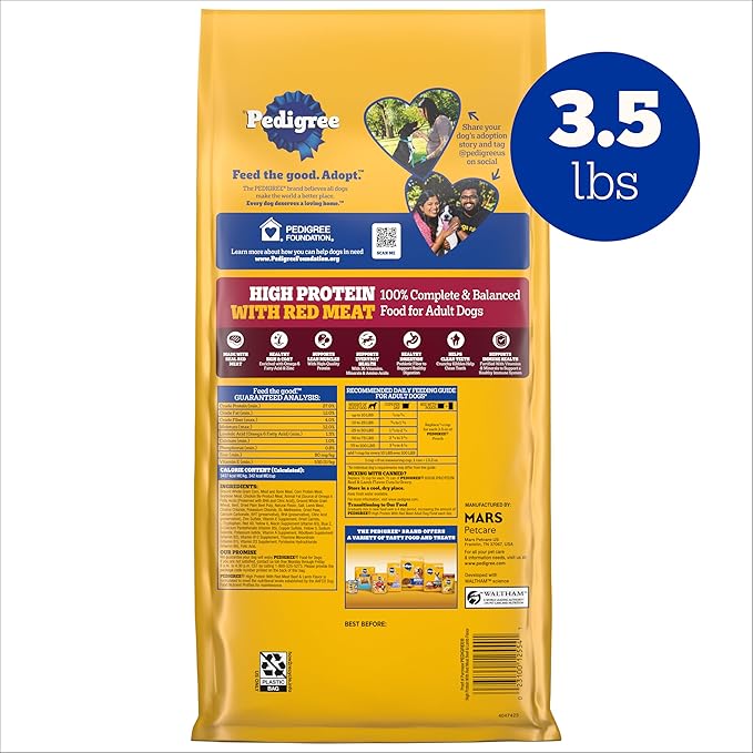 Pedigree Dry Dog Food for Adult Dogs, High Protein, Beef and Lamb Flavor, 3.5 lb. Bag