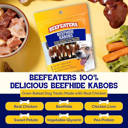 Beefeaters Triple Flavor Beefhide Kabobs 28oz, Dog Treats with Real Chicken, Liver & Sweet Potato – Long-Lasting Dog Kabob Treats for Chewing, Dental Support*, Flavor-Packed Treats - Training Rewards