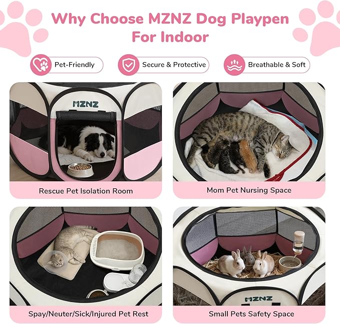 Dog Playpen, Portable Puppy Pet Crate Indoors for Small/Medium/Large Dogs Cats Rabbits, Foldable Dog Cage Enclosure for Outdoor, Pop Up Dogs Tent Kennel with Carrying Case, Pink