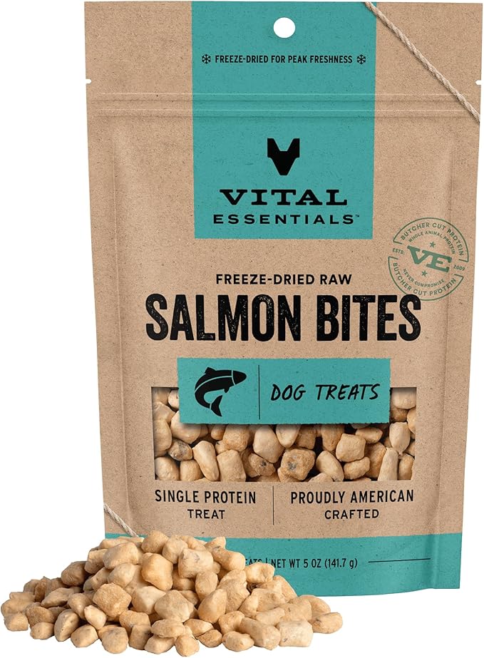 Vital Essentials Freeze Dried Dog Treats | Salmon Bites, Single Protein | Premium Quality | Grain Free Training Treats for Dogs, 5 oz Bag
