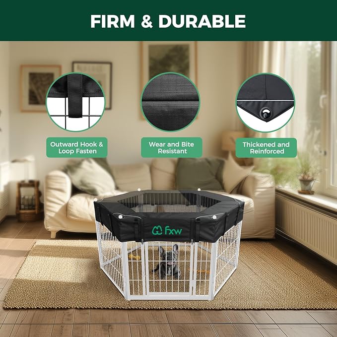 FXW Homeplus Indoor Dog Playpen with Hexagon Mesh Top Cover for Escape Prevention, 24 Inch 6 Panels Heavy Duty Dog Pen for Puppies and Small Dogs, White│Patented