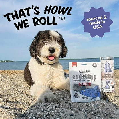 Polkadog Cod Skins for Dogs (2lb Shortie) - Single Ingredient, Wild-Caught Fish Skin Natural Dog Treat Chews. High in Lean Protein & Omega 3. Hypoallergenic, Grain Free. Handcrafted & Made in USA