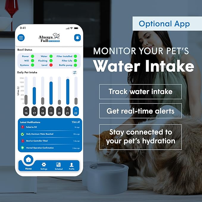 Always Full® 9” Dog Water Bowl with Wall Unit, Self Refilling Clean Filtered Water System, App Enabled Smart Hydration Tracking, Automatic Water Bowl for Dogs and Cats