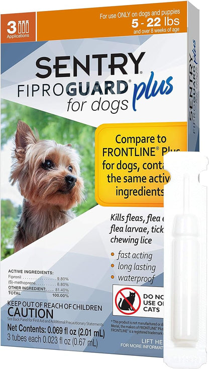 Sentry 3 Count Fiproguard Plus for Dogs Squeeze-On, 5-22-lbs (Pack of 2)