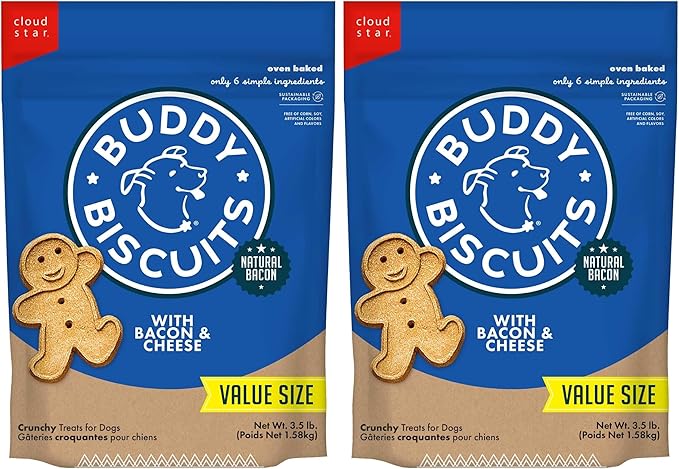 Buddy Biscuits 3.5 lbs. Bag of Crunchy Dog Treats Made with Bacon & Cheese,(Pack of 2)