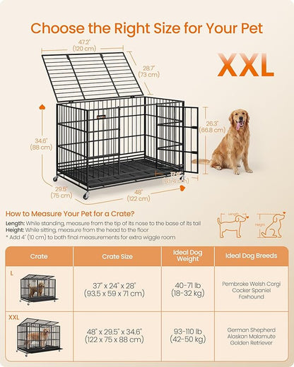 Feandrea Heavy-Duty Dog Crate, 5-Minute Quick Assembly, Foldable Dog Kennel Cage with Lockable Wheels, Double Doors, Escape Proof Fixed Bottom, Removable Tray, Easy to Clean, Ink Black, 48 Inch