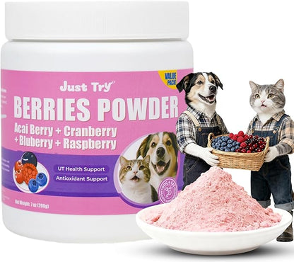 Just Try Berries Powder Dog Cranberry Supplement Urinary Tract for Dogs UTI Cat UTI Remedy Cat Supplements - 7 OZ