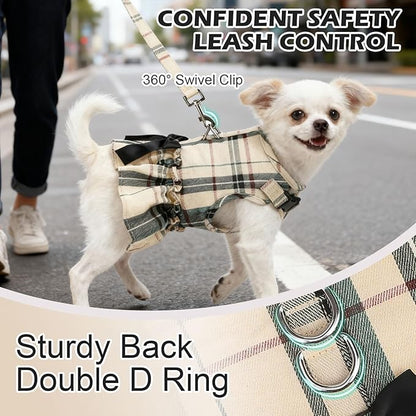 EXPAWLORER Dog Harness Small Medium Sized Dogs, Plaid Dog Dress Bowknot Harness and Leash Set, No Choke No Pull Soft Mesh Vest Cute Princess Puppy Outfits Clothes Costume for Girls Party Cats Beige XS