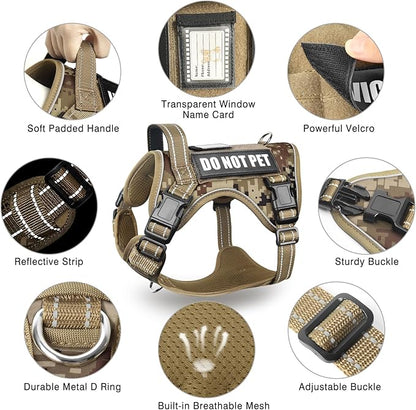 Tactical Dog Harness and Leash Set for Large Dogs,Heavy Duty No Pull Service Dog Vest and 10 Patches with Dog Seat Belt,Reflective Adjustable Pet Harness for Training Walking Hiking Camo L