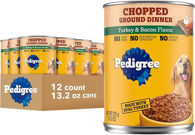 Pedigree Chopped Ground Dinner Adult Soft Wet Dog Food Turkey & Bacon Dinner, Canned Dog Food, 13.2 oz. Cans, 12 Count