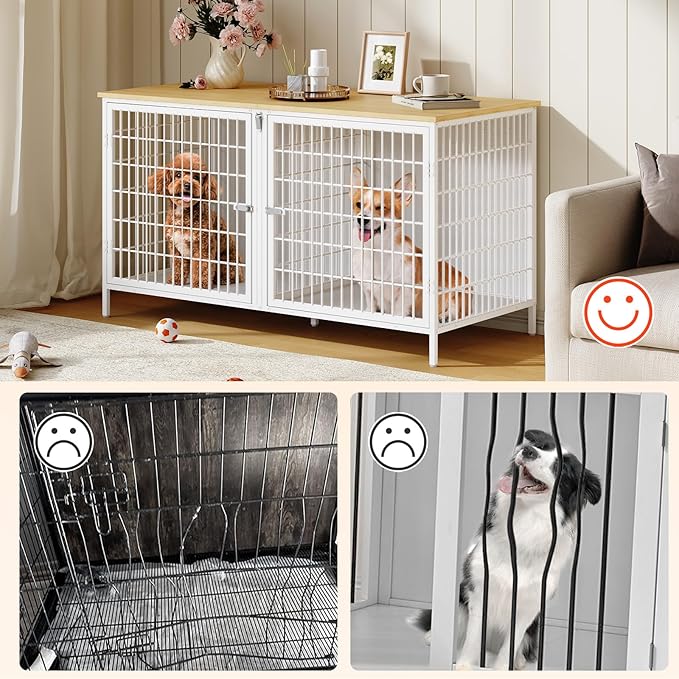 MAHANCRIS Dog Crate Furniture for 2 Dogs, 43.3" Dog Kennel with Removable Divider, Heavy Sturdy Dog Furniture Style Double Cage for Small Medium Dogs, Indoor Pet House End Table, Natural and White