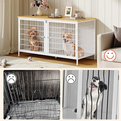 MAHANCRIS Dog Crate Furniture for 2 Dogs, 43.3" Dog Kennel with Removable Divider, Heavy Sturdy Dog Furniture Style Double Cage for Small Medium Dogs, Indoor Pet House End Table, Natural and White