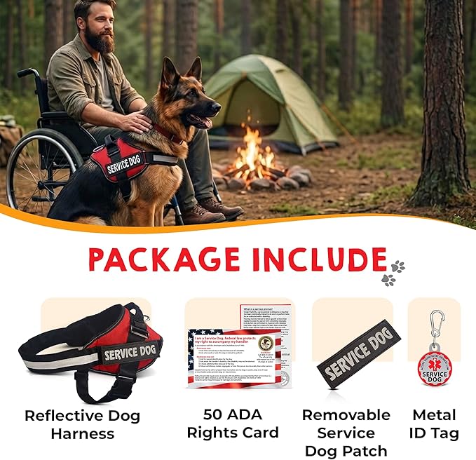 Service Dog Vest + ID Tag + 50 ADA Information Cards - Service Dog Harness w Patch in Sizes X Small to XX Large, Metal Dog Tag has Durable Clip, Service Animal Information Cards. ESA Accessory Set