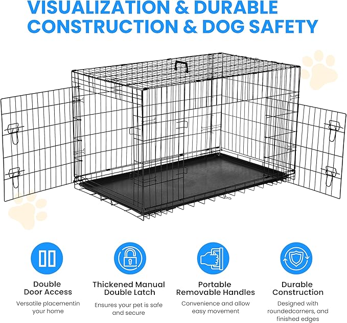 Simple Deluxe 36-Inch Dog Cage with Divider, Metal Wire Two-Door Folding Mid-Sized Pet Kennel with Leak-Proof Plastic Tray, Portable Indoors, Outdoors, and Traval