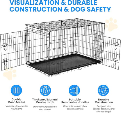 Simple Deluxe 36-Inch Dog Cage with Divider, Metal Wire Two-Door Folding Mid-Sized Pet Kennel with Leak-Proof Plastic Tray, Portable Indoors, Outdoors, and Traval