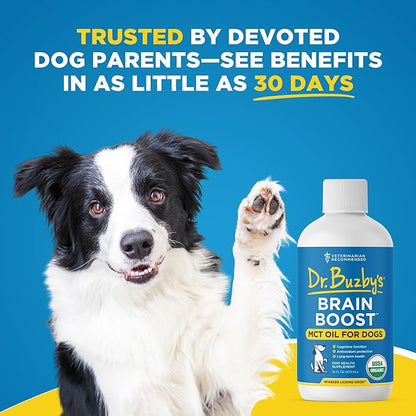Dr. Buzby’s Brain Boost Organic MCT Oil for Dogs, 16 Oz Human Grade MCTs C8, C10, Senior Dog Dementia, Made from Pure Organic Coconut Oil, Medium Chain Triglyceride Liquid Dog Supplement