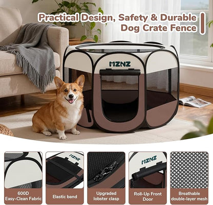 Dog Playpen, Portable Puppy Pet Crate Indoors for Small/Medium Dogs Cats Rabbits, Foldable Dog Cage Enclosure for Outdoor, Pop Up Dogs Tent Kennel with Carrying Case, Brown