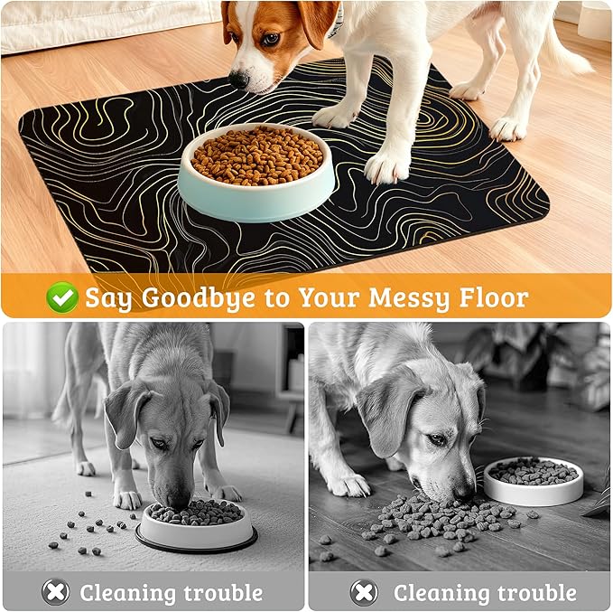 Dog Bowl Mat,Abstract Map Pet Feeding Mat for Floors Waterproof,Golden Lines Texture Absorbent Dogs Placemat for Food and Water Quick Dry Pet Cat Feeding Mats with Non Slip Bottom 16" x 24"