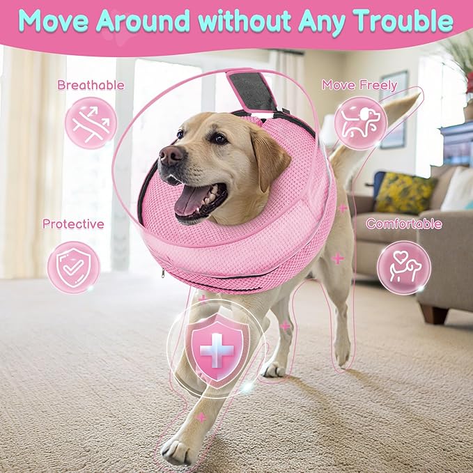 Soft Inflatable Dog Cone for Surgery Recovery, Protective Dog Donut Collar with Shield to Stop Licking Wounds, 2-in-1 Patented Comfort Blow-Up Collar (Pink, L)