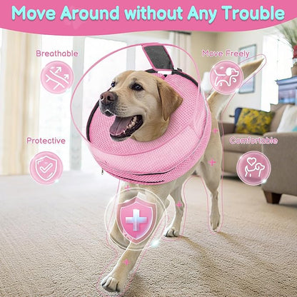 Soft Inflatable Dog Cone for Surgery Recovery, Protective Dog Donut Collar with Shield to Stop Licking Wounds, 2-in-1 Patented Comfort Blow-Up Collar (Pink, L)